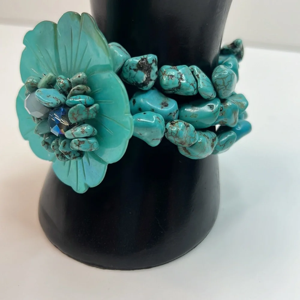 Hand Beaded Turquoise 3-Strand Floral Bracelet